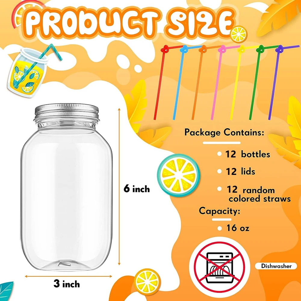 16 oz Plastic Mason Jars with Lids and Straws 6 x 3 inch Refillable Plastic  Juice Drinking Jars Bottles with Straws for Party - AliExpress