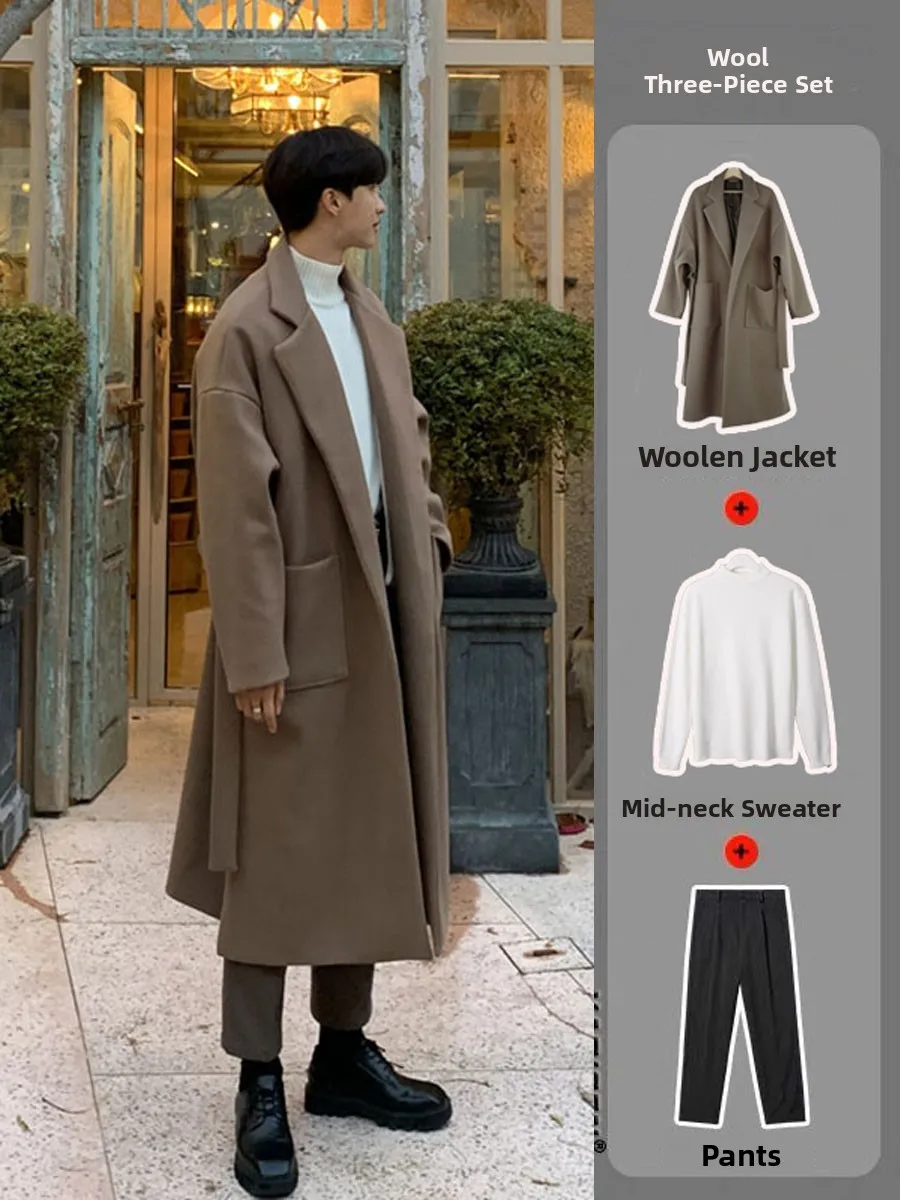 Thiened Double-Faced Camere Men's Coat Winter Faion Outerwear Over-Knee Korean Sle Tweed Windbreaker Long Sve Coat