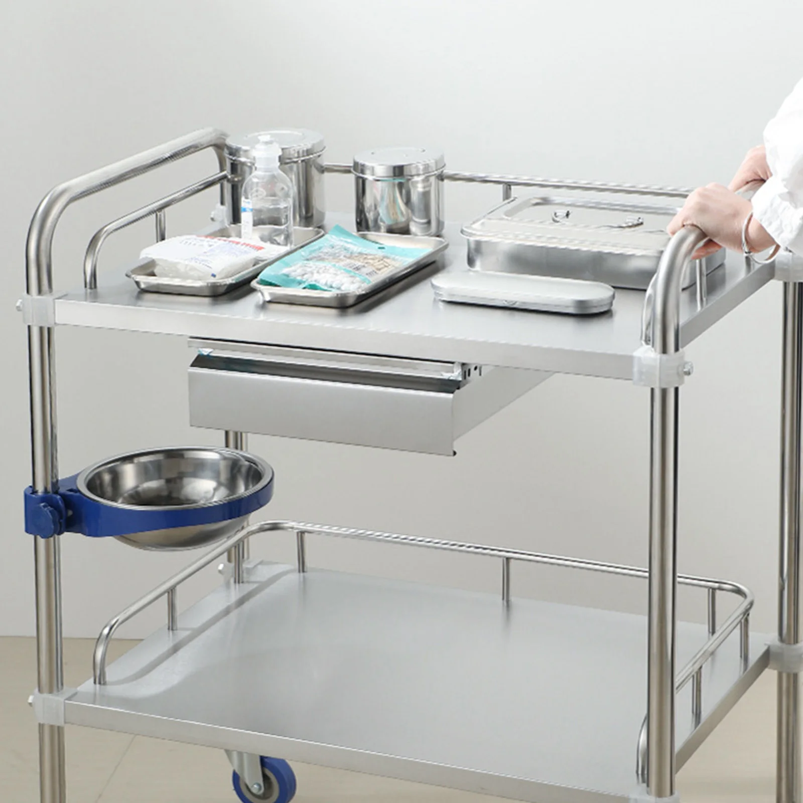 Stainless Steel 2 Layer Trolley Rolling Cart Lockable 360&deg; Silent Wheels Utility Cart for Kitchen Salon multi layer storage trolley
