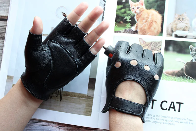 Leather Half Finger Gloves Women's Short Thin Section Unlined Spring and Autumn Motorcycle Riding Ladies Driving Fingerless,fingerless gloves