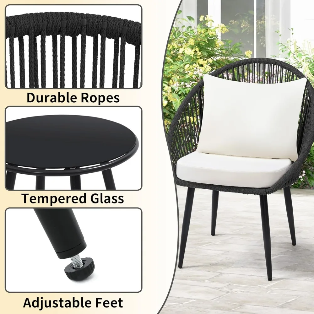 All-Weather Woven Rope Chair Bistro Set with Cushions and Side Table for Outdoor Decks and Balconies