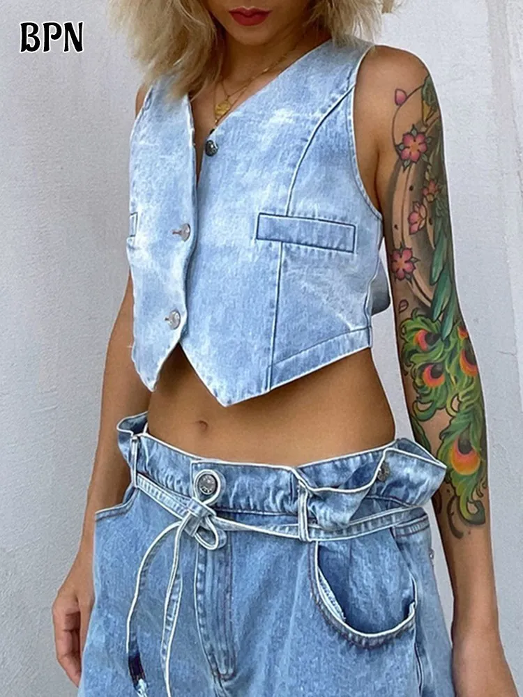 

BPN Sexy Patchwork Bandage Denim Waistcoats For Women V Neck Sleeveless Off Shoulder Backless Soild Crop Tops Female Fashion New