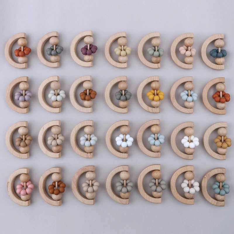 1pc BPA 무료 실리콘 Teether 심장 모양 나무 반지 팔찌 실리콘 구슬 설치류 Molar Teething Rattle