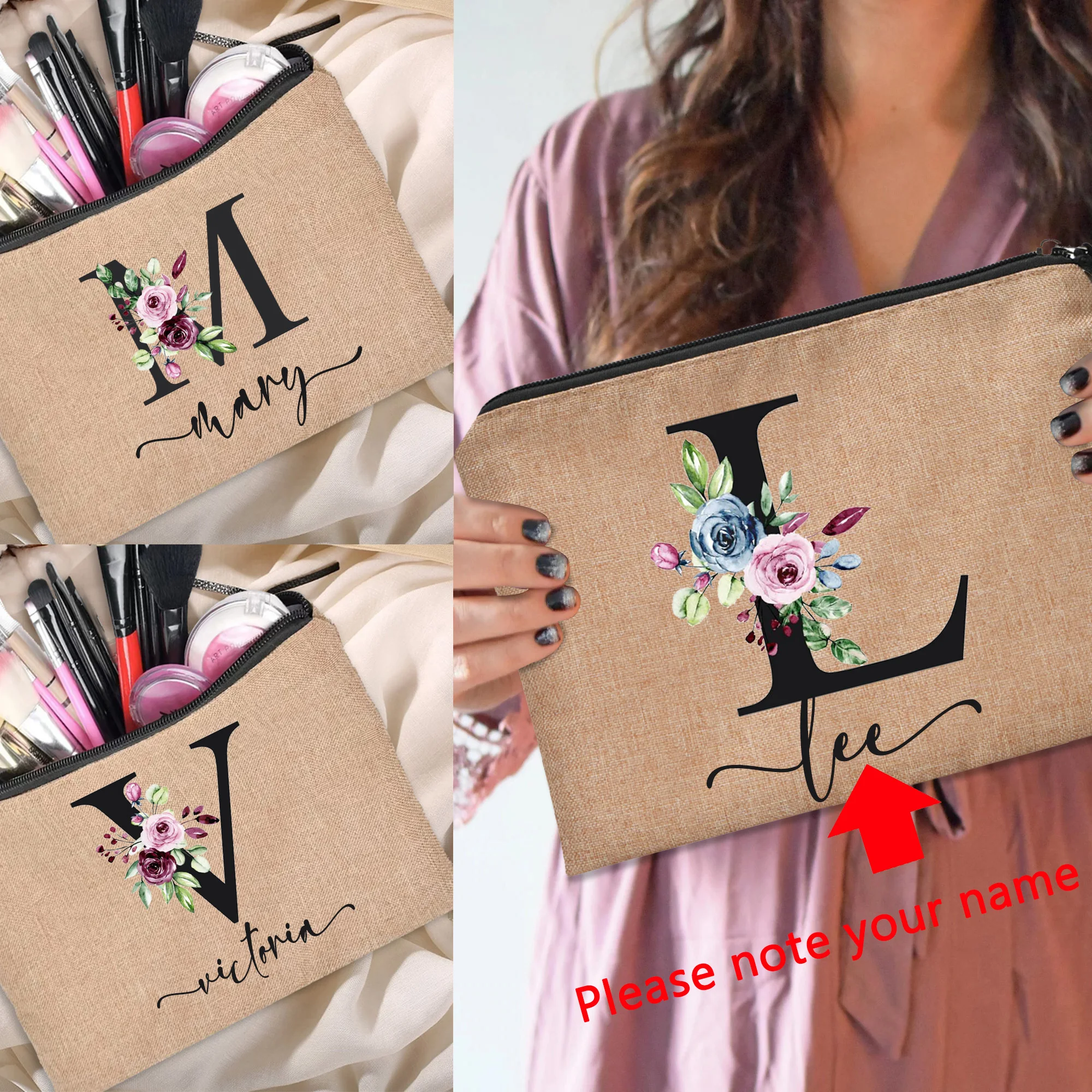 Linen Makeup Bag Customized Personalized Name Cosmetic Bag Bridesmaid Clutch Outdoor Travel Beauty  Bachelor Party Lipstick Bag 3
