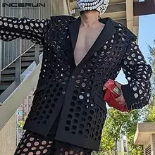 

Handsome Well Fitting Men's Grid Shirts Stylish Male Solid Mesh Long Sleeve Hot Sale Deep V-neck Blouse S-5XL INCERUN Tops 2022