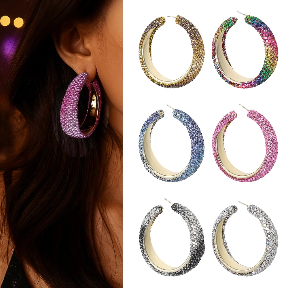 New Fashion Rhinestones Big Hoop Earrings Exaggerate Shiny Crystal Earrings Geometric Round Jewelry Gifts For Women Girls
