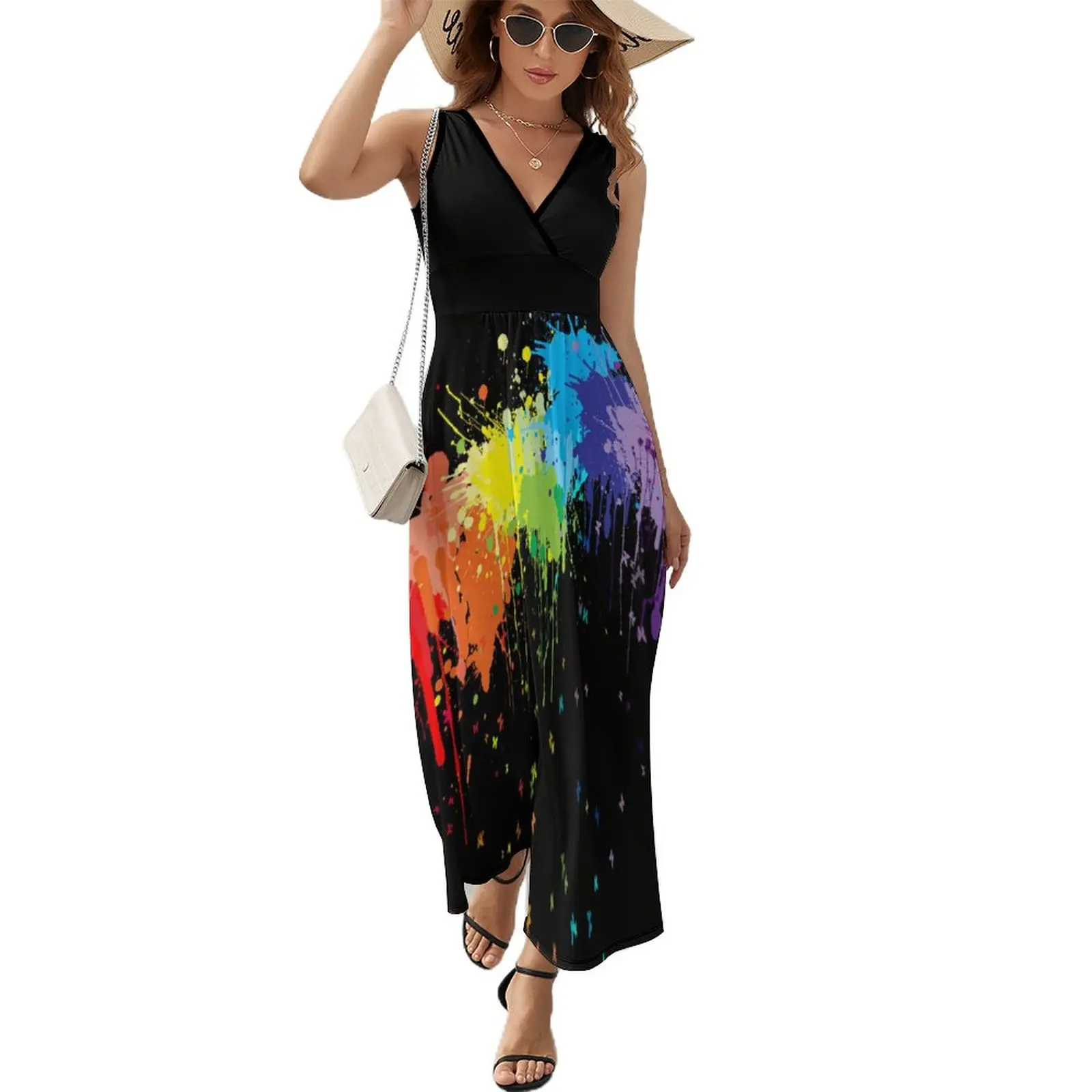 

Glow in Dark Splatter Neon Dress Elegant Maxi Dress V Neck Design Bohemia Long Dresses Aesthetic Big Size Clothing