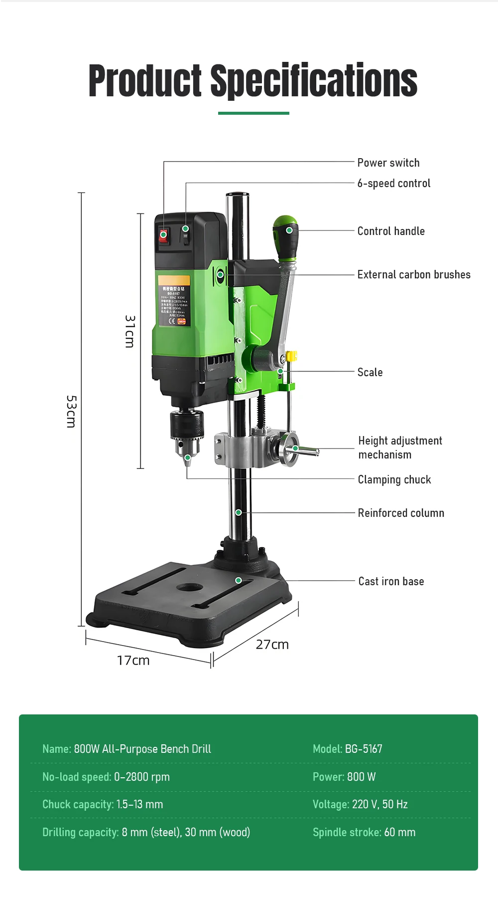 Powerful 800W Mini Drill Press Bench Top Drilling Machine with Drill Bits Kit fo