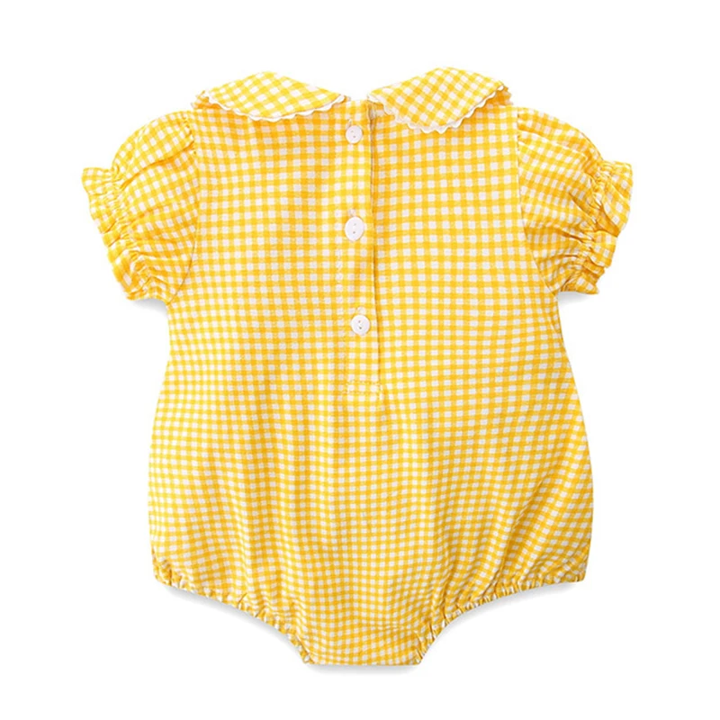 Summer Sweet Infant Baby Girls Short Sleeve Grid Embroidery Rompers Newborn Kids Baby Girls Clothes Rompers