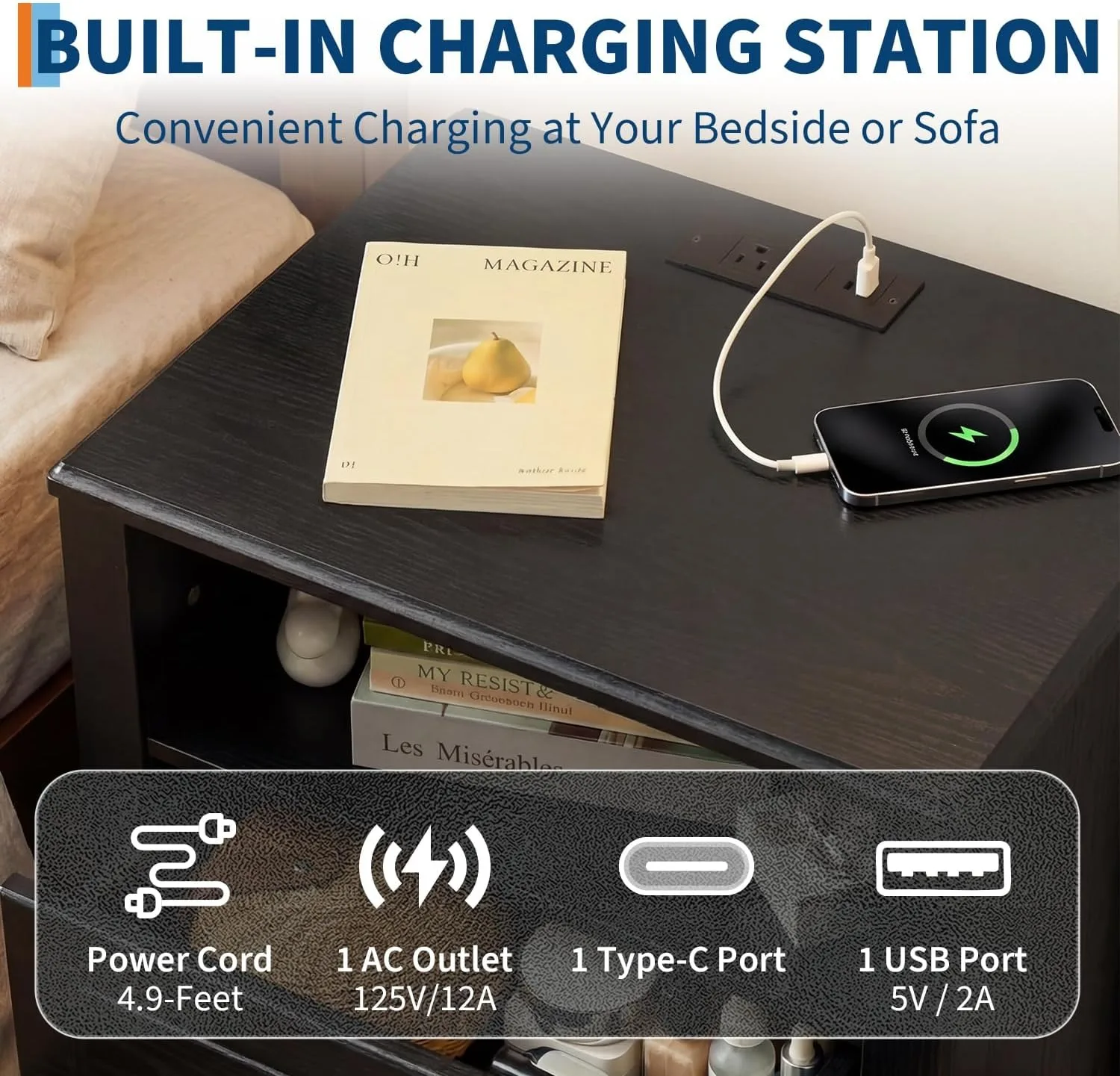 Nightstand with Charging Station 2 Drawers and Open Shelf Modern Bedside Table End Table with USB Type C Port AC Outlet Farmhouse Storage Cabinet for Bedroom Living Room Dorm Black 6 Nightstand with Charging Station 2 Drawers and Open Shelf Modern Bedside Table End Table with USB Type C Port AC Outlet Farmhouse Storage Cabinet for Bedroom Living Room Dorm Black 6