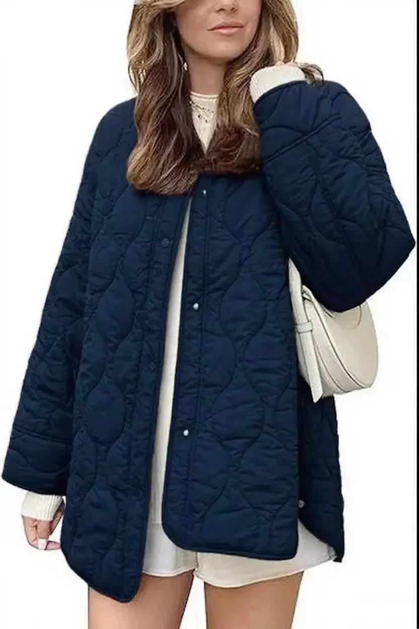 New Fashion Autumn Winter Women's Solid Color Long Sleeve O-neck Single-breasted Quilted Jackets Male Casual Trendy Simple Coats
