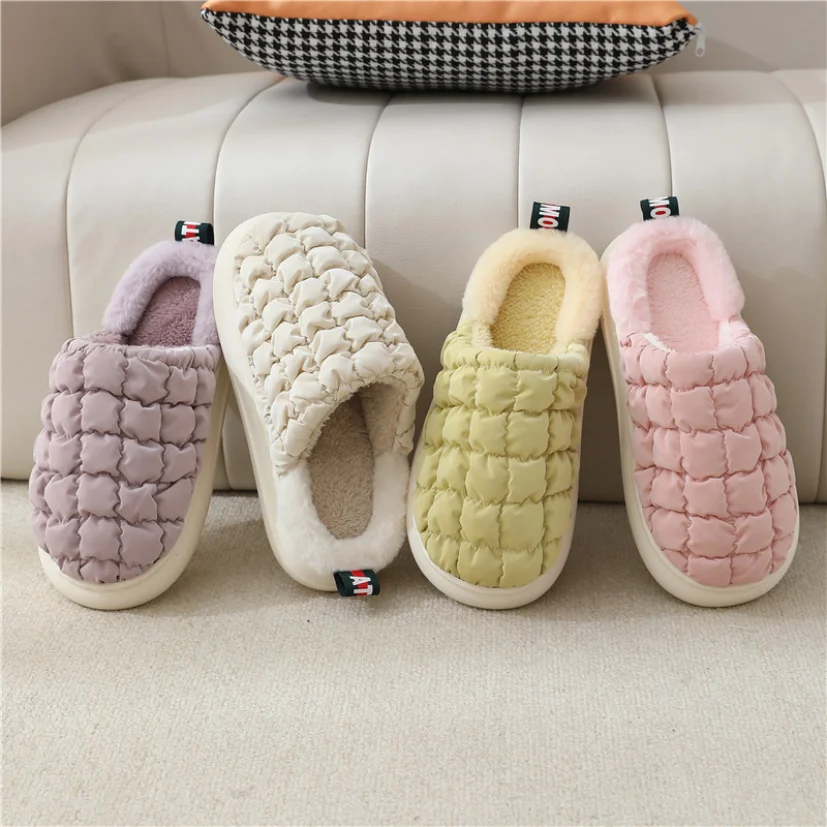 Womens House Slipper Female Puff Winter Warm Plush Cotton Indoor Fuzzy Non Slip Room Home Floor Shoes Casual Waterproof White