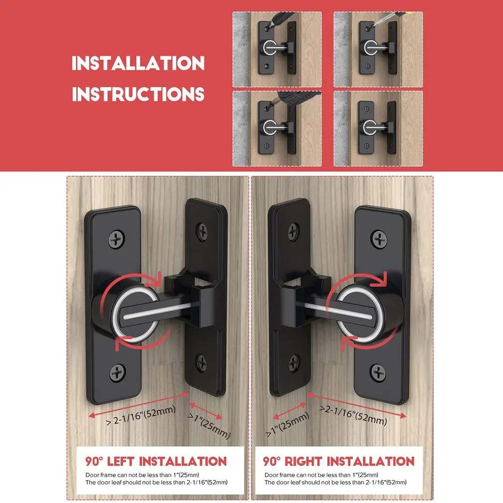 Interior Door Bolt Luminous Bolt Surface-mounted Room Latch 90 Degree Heavy-duty