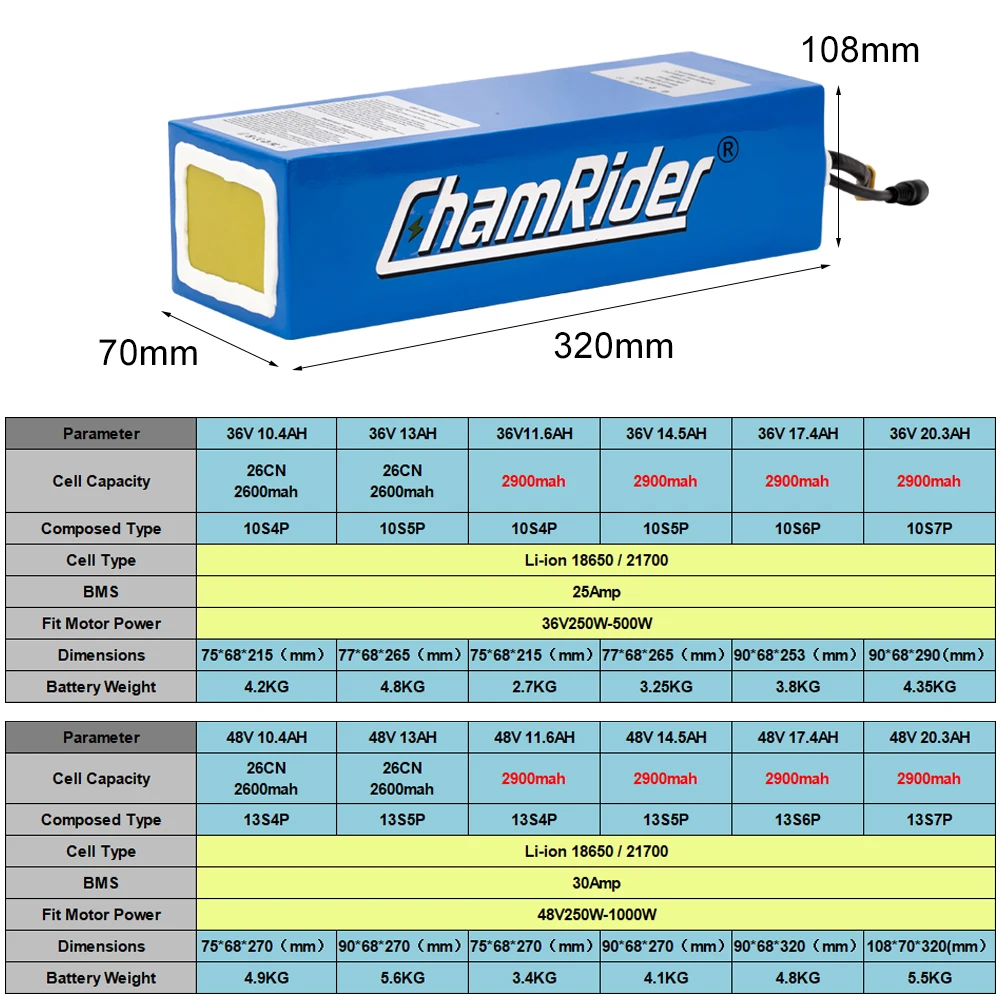 ChamRider 36V Ebike Battery 48V 20A 30A BMS 350W 500W 750W 18650 Cell Lithium Pack For Bike Bicycle Electric Scooter