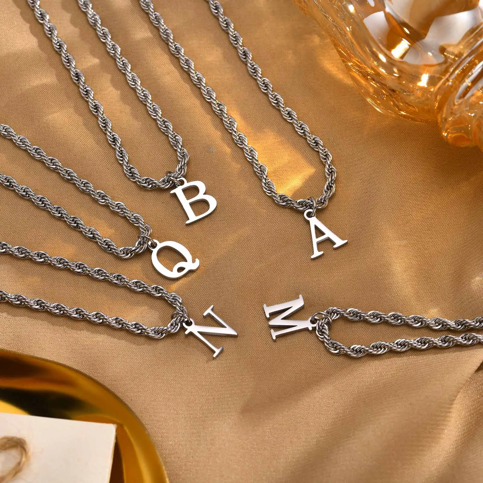 Vnox Unisex Stainless Steel Initial Necklace with Twisted Rope Chain