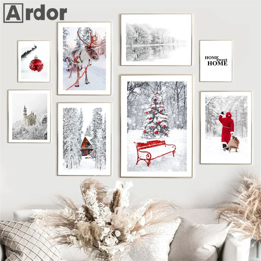 

Snow Elk Red House Forest Poster Winter Scenery Picture Canvas Painting Wall Art Print Modern Christmas Home Living Room Decor