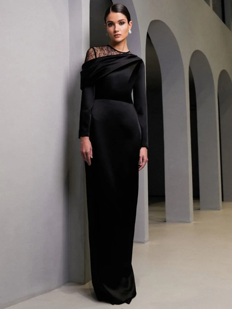 

Fashion Sheath Women Evening Dresses 2024 Black O-neck Long Sleeve Lace Satin Formal Prom Gowns Celebrity Style Robe De Soirée