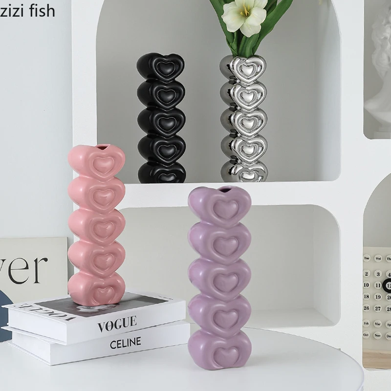 Creative Heart-shaped Tower Ceramic Vase Cute Desktop Flower Ware Hydroponic Flower Arrangement Vase Living Room Aesthetic Decor 4