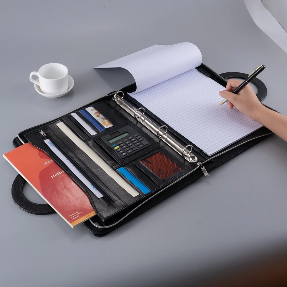 A4 Multifunction PU Leather Binder Document Folder Portfolio Padfolio With Zipper Leather Folder Office Padfolio