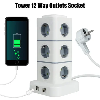 Tower 12 WAY Outlets SOCKET Multi Power Strip แนวตั้ง 2.8 M สายไฟ EU ปลั๊ก 4 USB Overload Protector สวิทช์ 220V 10A 1