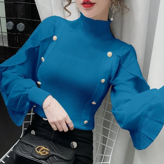 

Blue OL Women Girl Office Lady Pullover Woman Girl Sweater V Neck Knit Tops Tight Women's Sweaters Top Coat Cloth Suéter