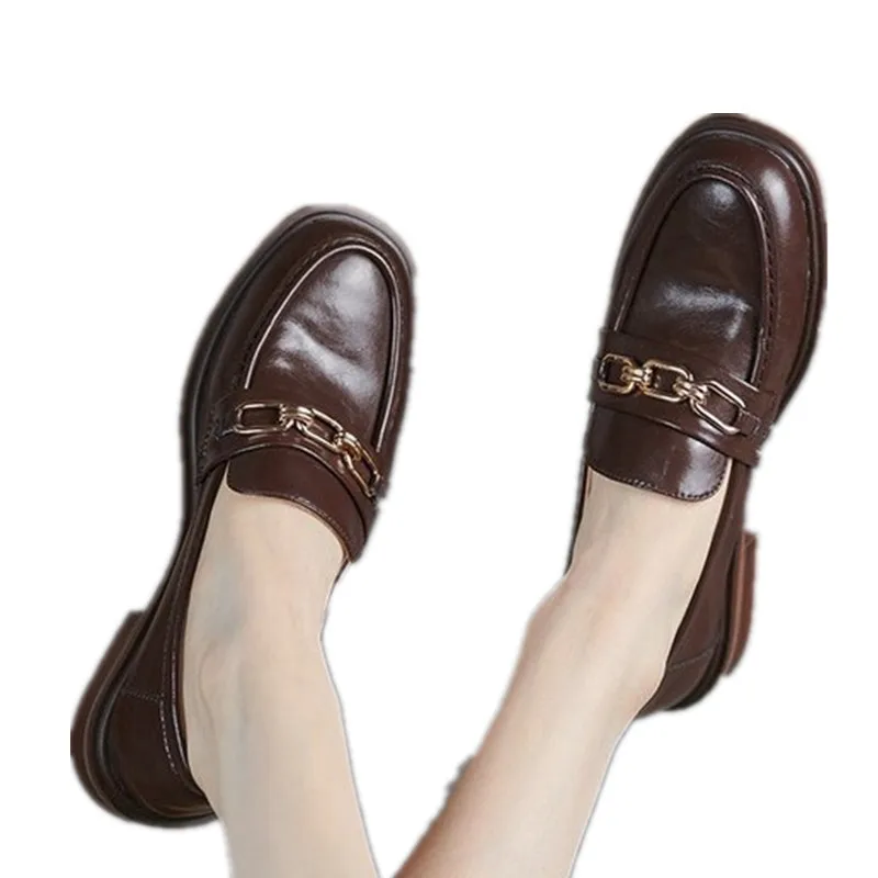 2024 NEW English Style Spring Split Leather Women Shoes Casual Slip-On Loafers Square Toe Chunky Heel Shoes Woman Pumps Handmade