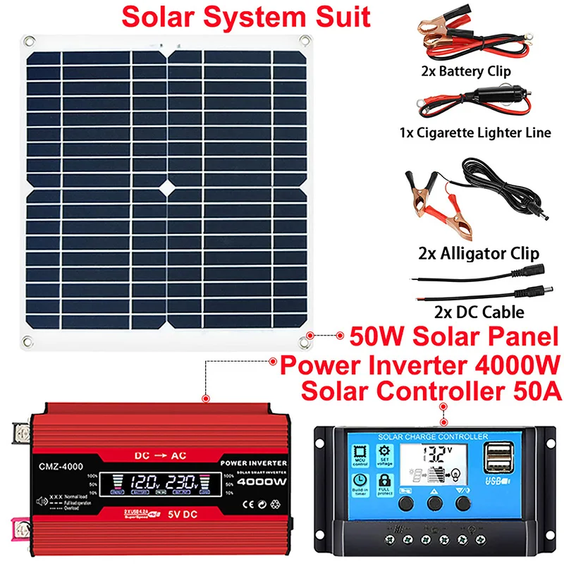 

12V To 110/220V Solar Power Generation System 6000W Power Inverter Smart LCD Display 50W Solar Panel + 50A Solar Controller Set