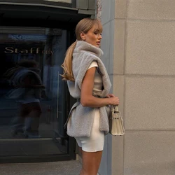 Elegant Women's Faux Fur High Neck Waistcoat - Fluffy Sleeveless Fashion Vest - S (Gray B)