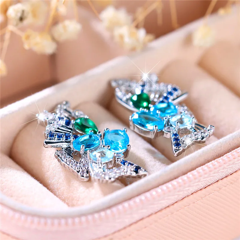 Female Crystal Light Blue Zircon Stone Butterfly Stud Earrings Vintage Silver Color Wedding Jewelry For Women
