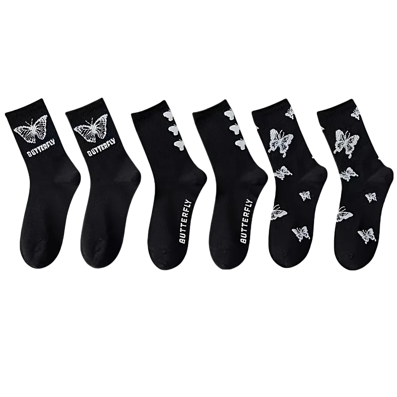 3/6/7 Pairs of Women Mid Length Stockings Set in Black And White With Butterfly Pattern Popular and versatile Sweat Absorption