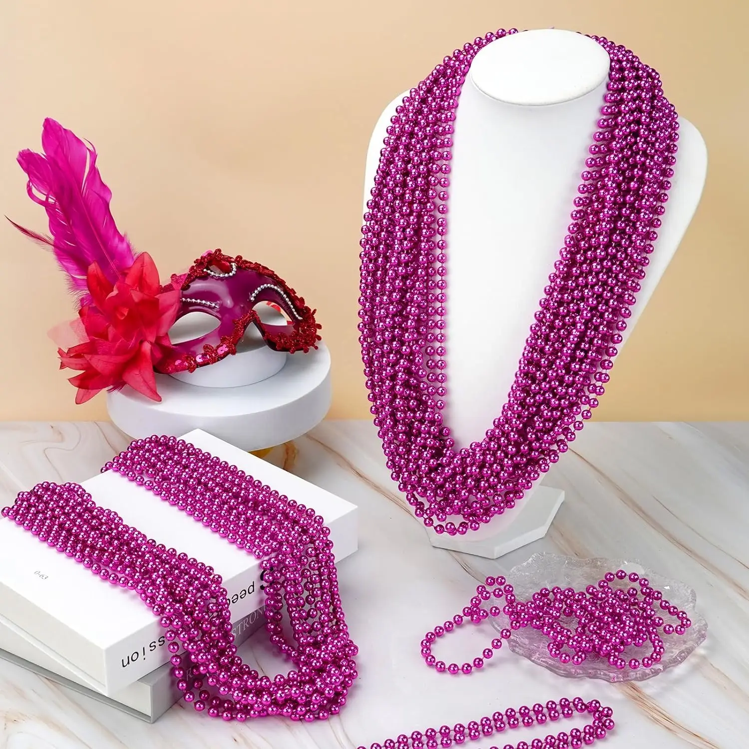 24pcs 33 Inch Metallic Hot Pink Bead Necklaces Bulk Round