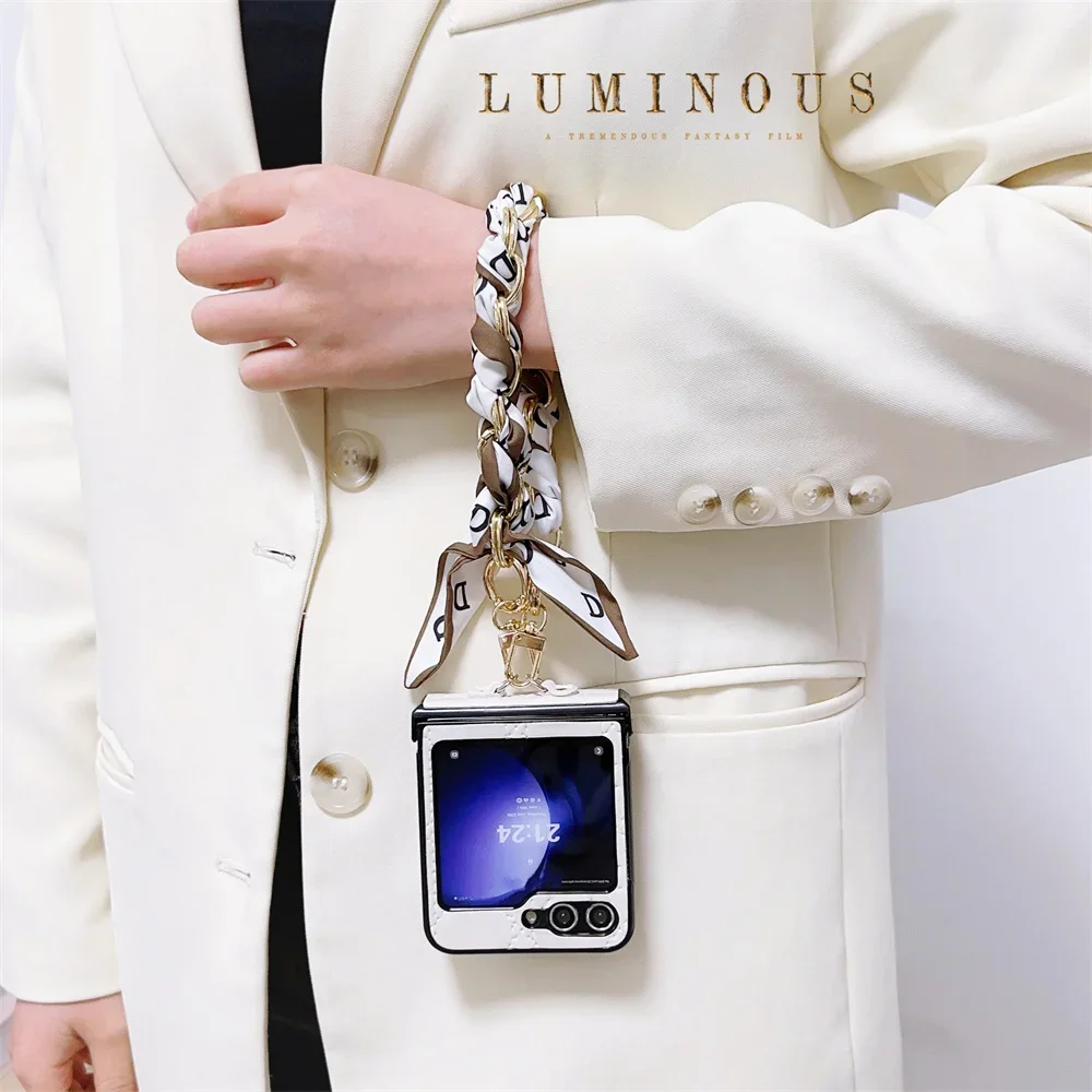 Elegant PU Leather Chain Silk Wrist Strap Phone Case - Shockproof Protective Cover