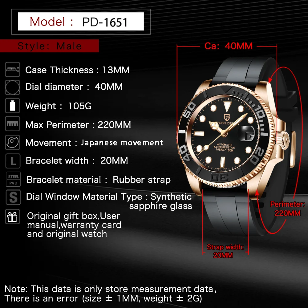 PAGANI DESIGN PD-1651 Men's Mechanical Watch Sapphire Glass Automatic Watch Stainless Steel mechanical watch