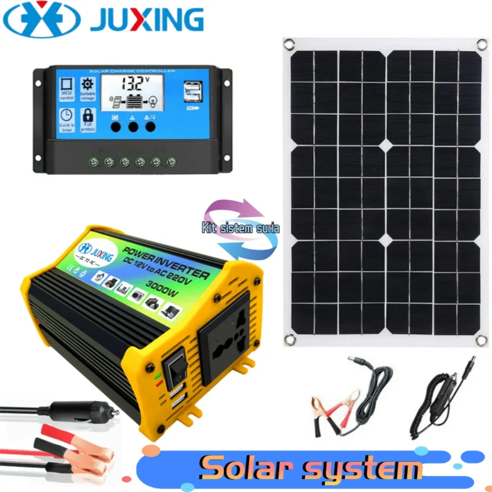 

JUXING Car Power Inverter set 3000W DC 12V To AC 220V 2 USB+18W solar panel + 30A Solar Controller