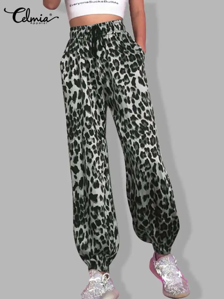 Celmia Women Casual Pantalones Streetwear Fashion Pants Loose Leopard Print Jogger Trousers Drawstring 2023 Summer Harem Pants