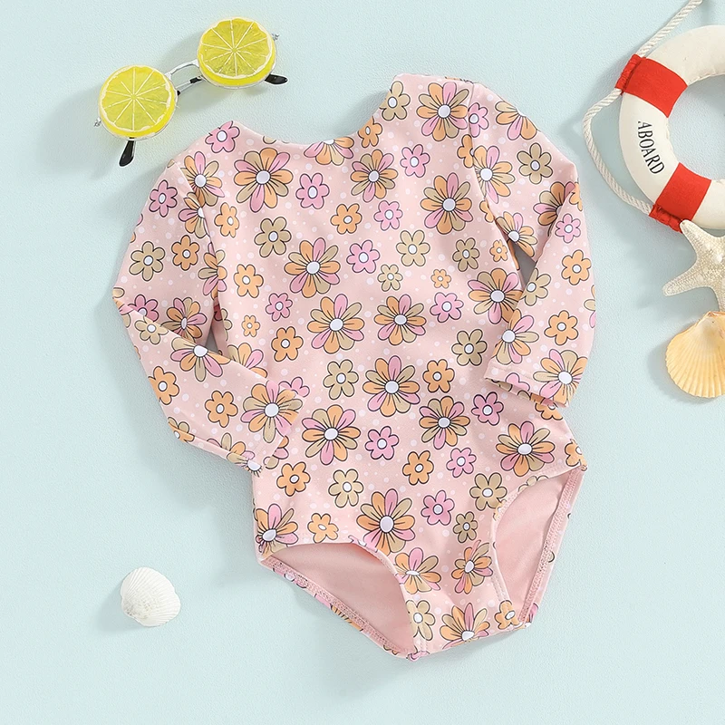 

Купальник с длинным рукавом для маленьких девочек, пляжная одежда, купальный костюм с цветочным принтом и открытой спиной