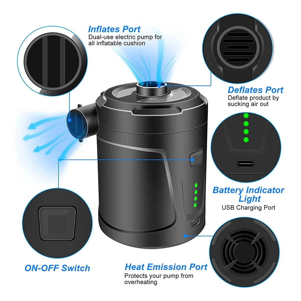 

Electric Air Pump Battery Operated IPX5 Waterproof 5000mAh Type-c Interface Indicator Light Camping Holiday Inflator