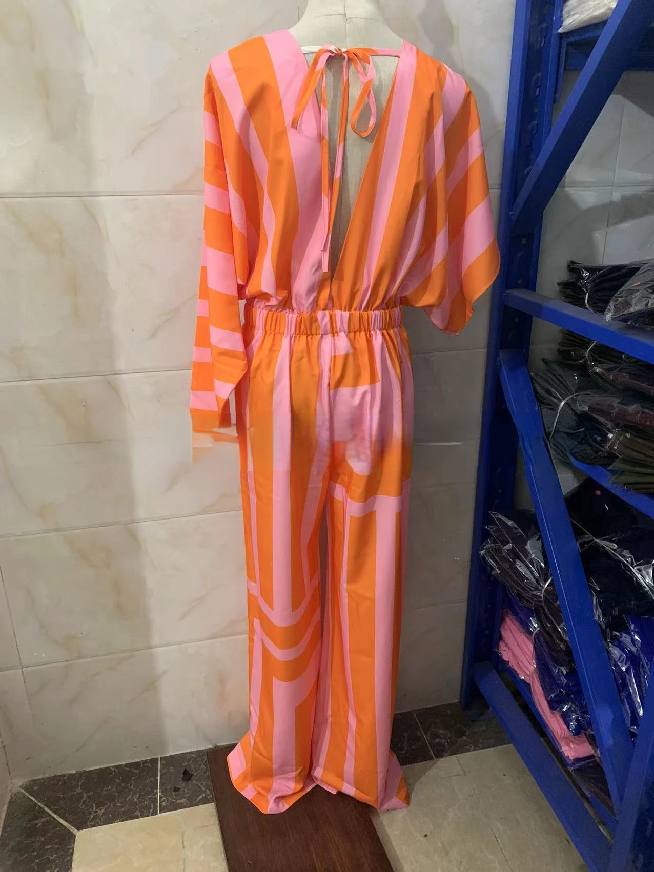 2024 Summer Long Loose Female Clothes Backless V-Neck Woman Wide Legs Jumpsuits Drawstring Waist Lady Long Loose Fashion Rompers