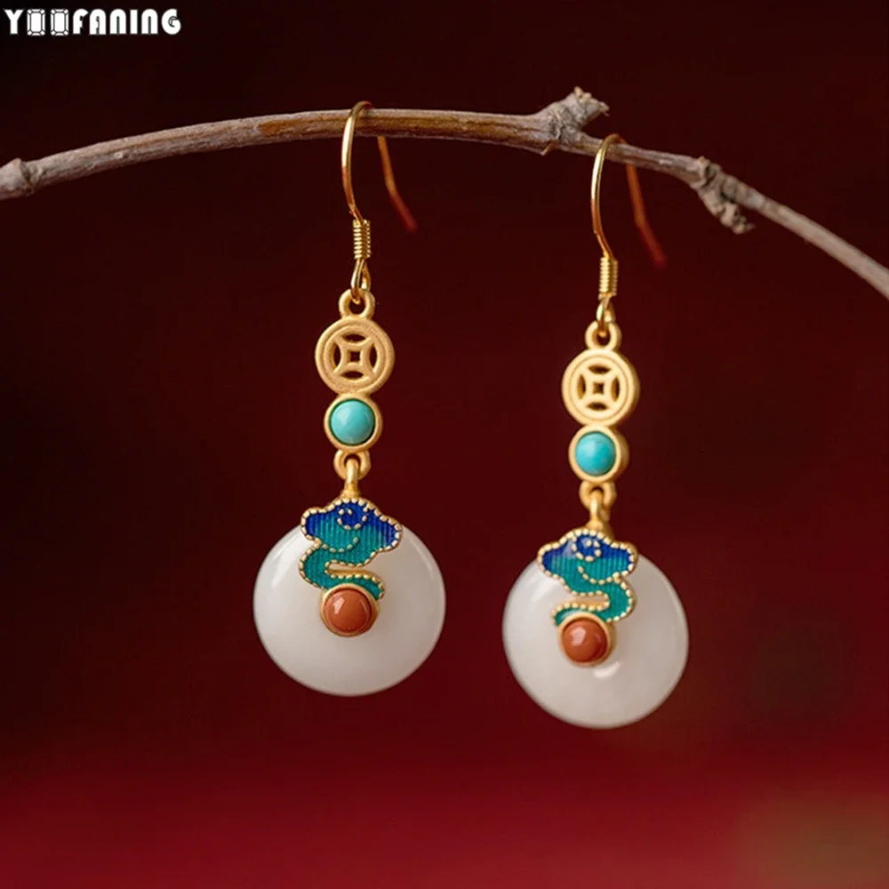 925 Sterling Silver Ear Needle Chinese Wind Hoop Earrings Pendant Jade Enamel Ancient Method Gold Earrings for Women Jewelry 4