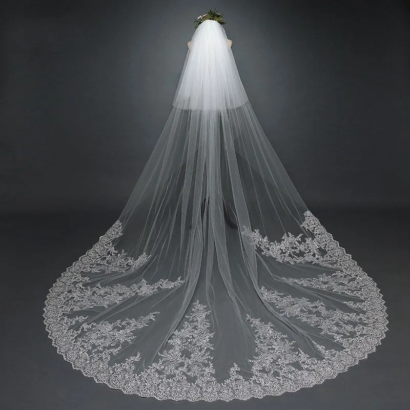 

New Arrival White Ivory Cathedral Wedding Veils Long Lace Applique Two Layers Bridal Veil voile de la mariée Velos novia 2023