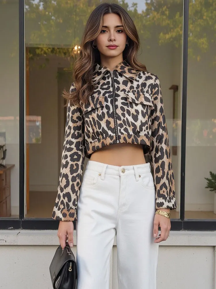 HH Leopard Print Cropped Coat Women Zipper Long Sleeve Jackets Streetwear Spring Women's High Street Lady Outwear
