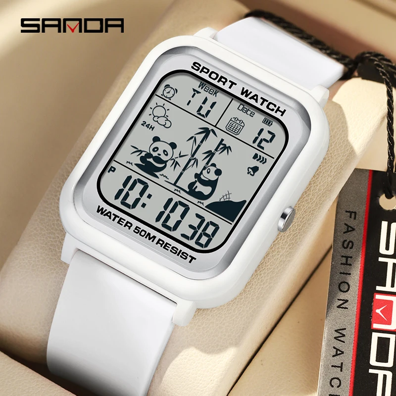 

SANDA Top Men's Outdoor Sports Gradient Electronic Watch Panda Pattern Square Waterproof Trend Unisex Women's Wristwatch Relojes