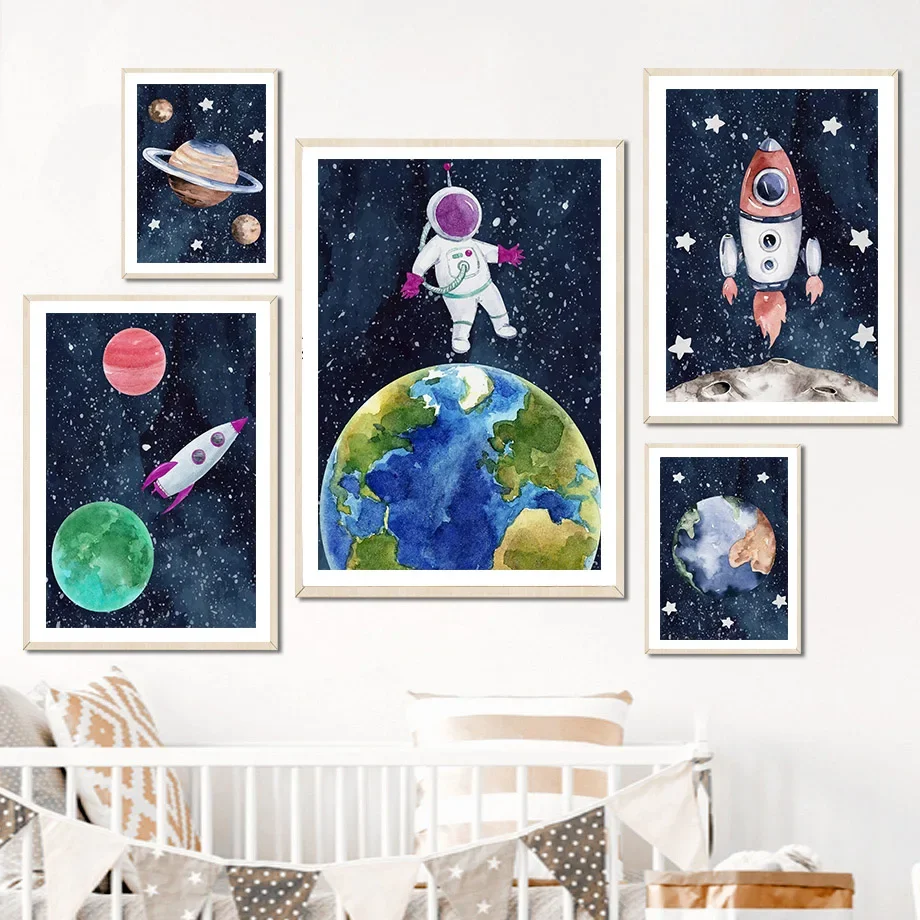 Acquerello Astronauta Rocket Planet Ufo Spazio Esterno Poster E Stampe Wall Art Canvas Painting Pictures Kids Boy Bedroom Decor
