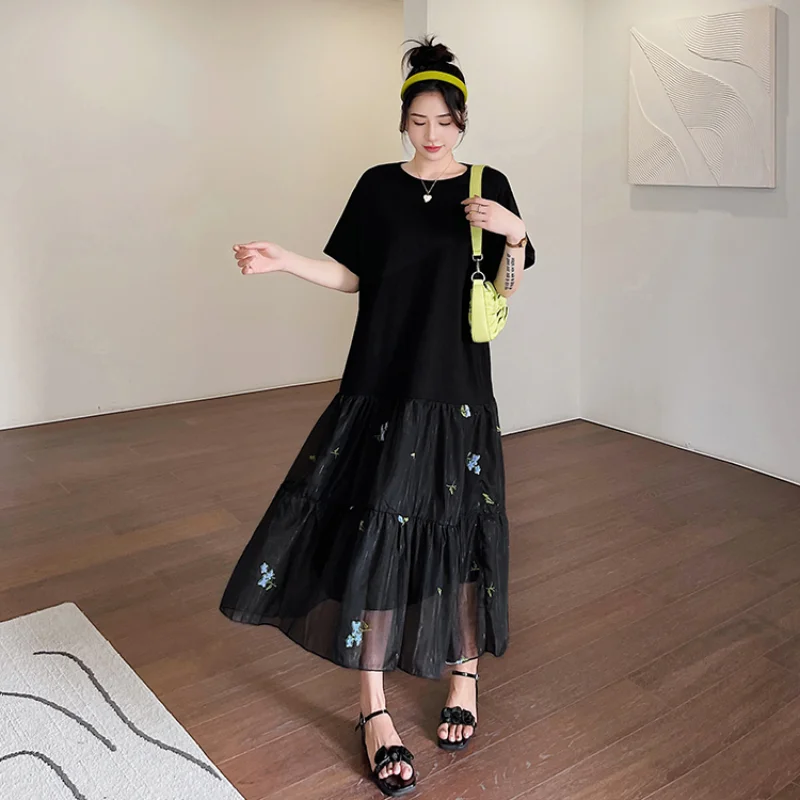 Summer Pleated T-Shirt Dress for Women Loose plus Size Black Embroidery  Patchwork Casual Female Robe Lady Vestido KE3494 - AliExpress 200000345