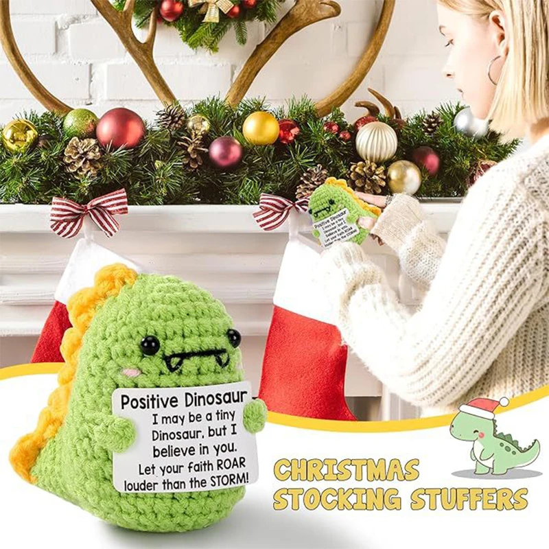 Cute Positive Energy Crochet Dinosaur Wool Knitting Doll with Card Handmade Knitted Ornament Room Decor Birthday Christmas Gifts