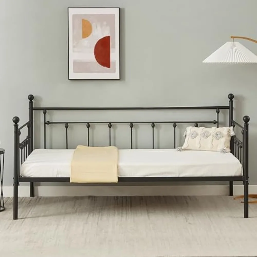 

Twin Size Daybed Frame Platform Sofa Bed with Headboard Steel Slat Support/Mattress Foundation for Living