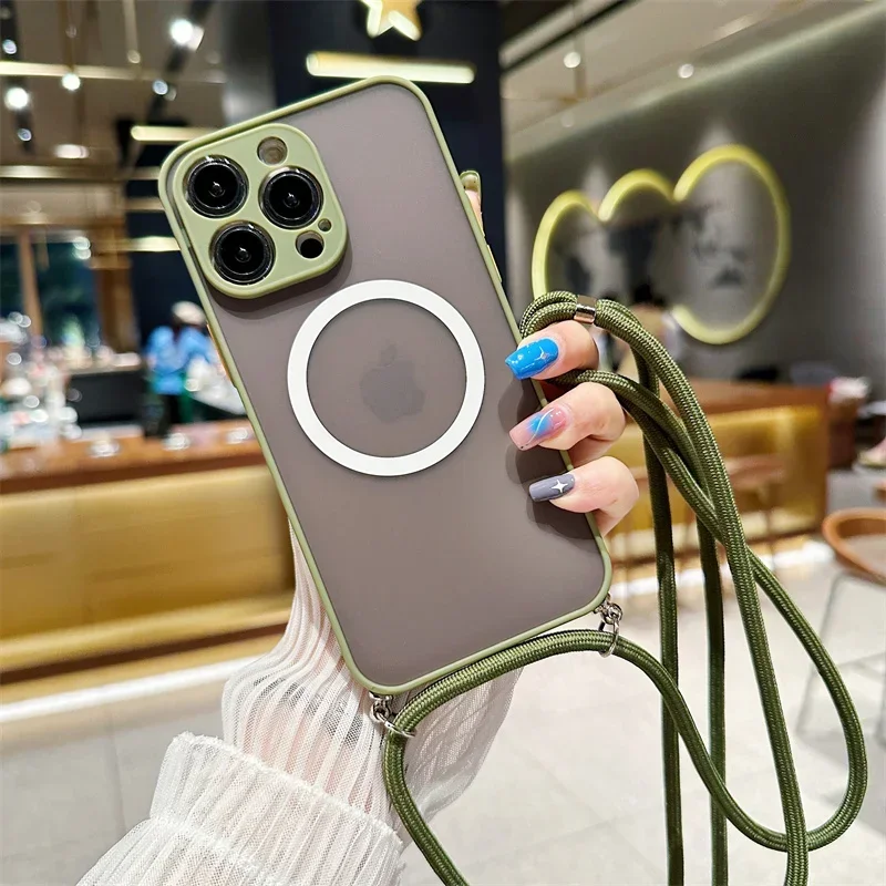 Crossbody Lanyard Matte Hard Magnetic Phone Case with Magsafe Back Cover