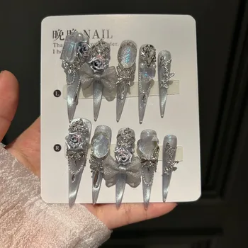 10PC Handmade Press On Nails Wearable White Moonlight Light Luxury Heavy Industry Pure Advanced Whitening Cat Eye Nail Art Style 1