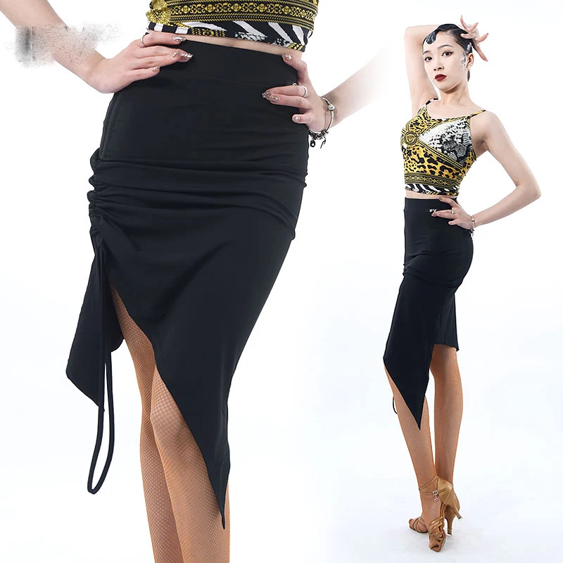 

2022 New Latin Dance Skirts For Women Sloping Drawstring Pleated Skirt Sexy Chacha Rumba Tango Dress Latin Practice Wear DN12628