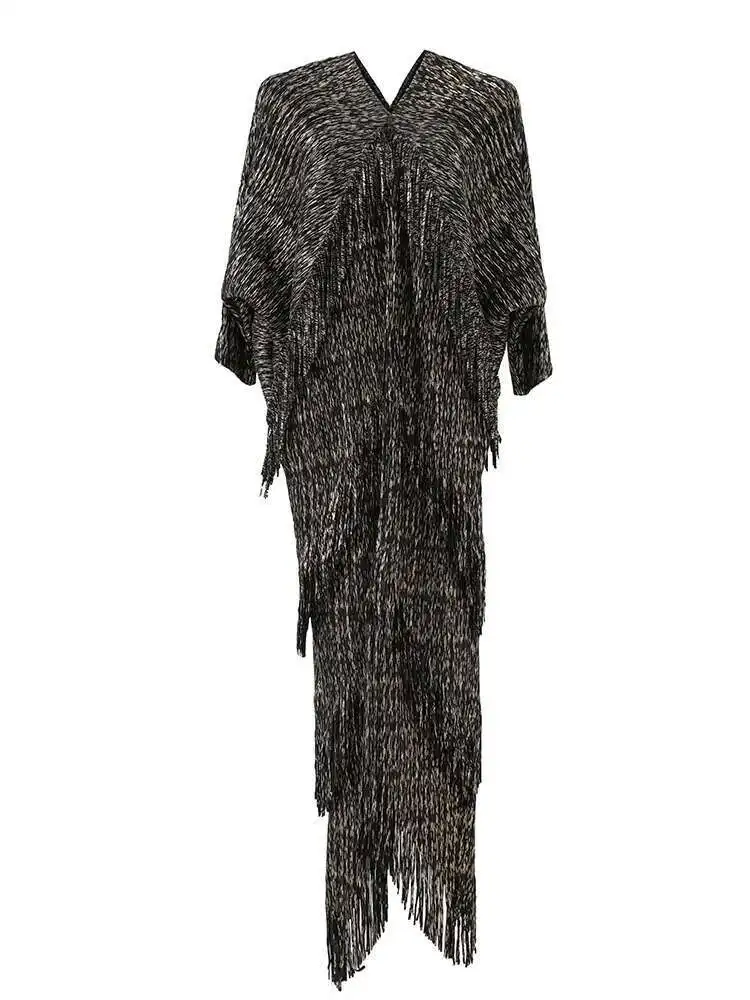 LANMREM High End Pleated Maxi Dress Women V Neck Batwing Sleeves Stitching Color Tassel Elegant Dresses Ladies Clothes 2DA1641 - Image 5